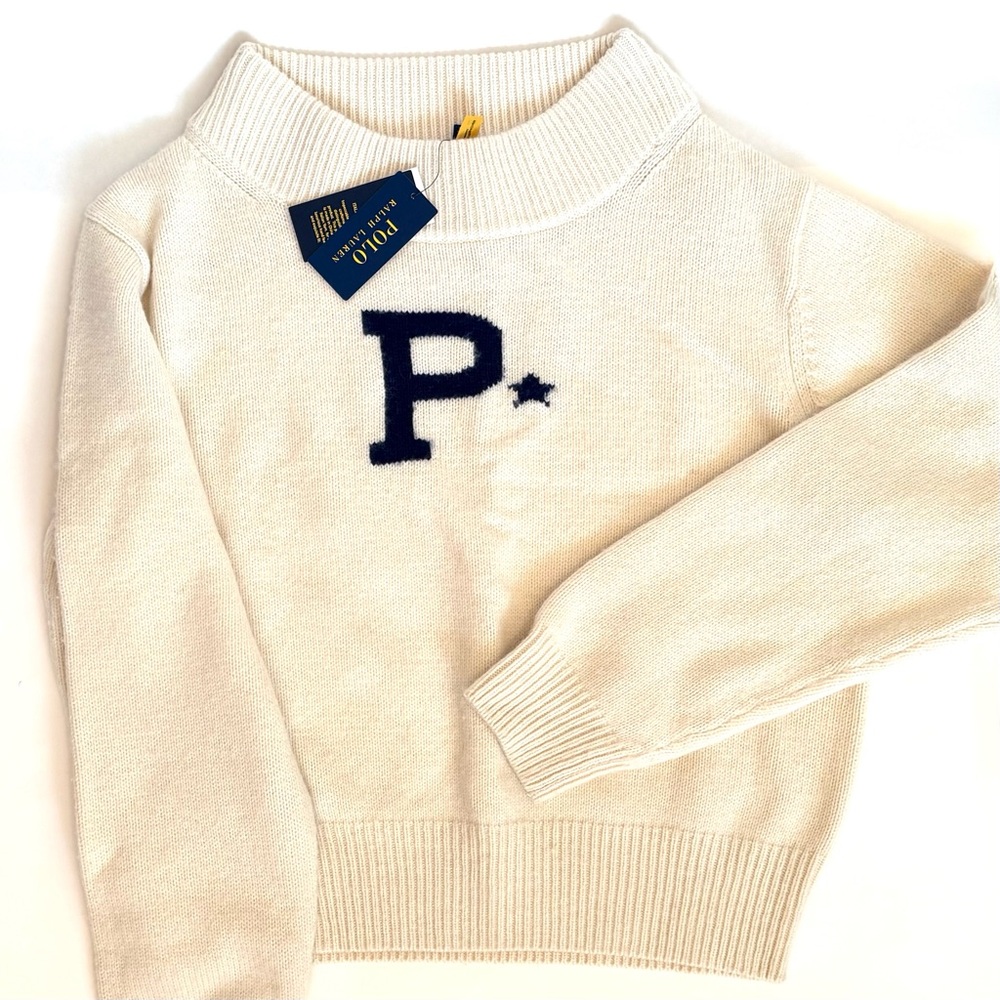 NWT Ralph Lauren Cream and Navy Off the Shoulder Oversized Sweater